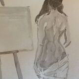 Tableau signé aquarelle portrait féminin « drapée dans l’atelier »