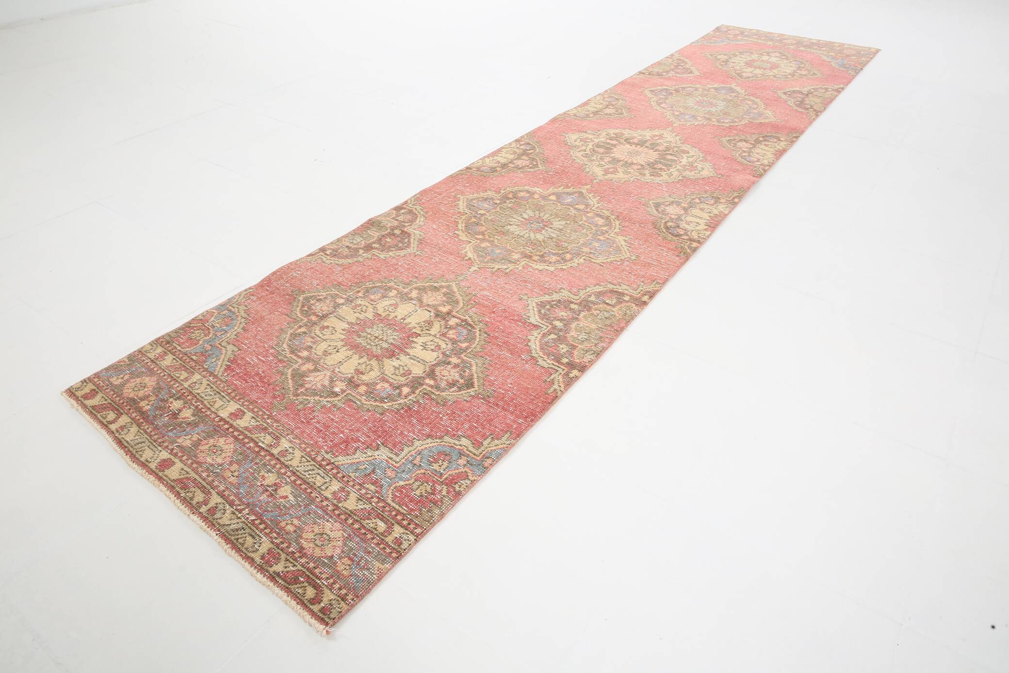 3x12 Pale Red Cream Soft Wool Vintage Runner Rug