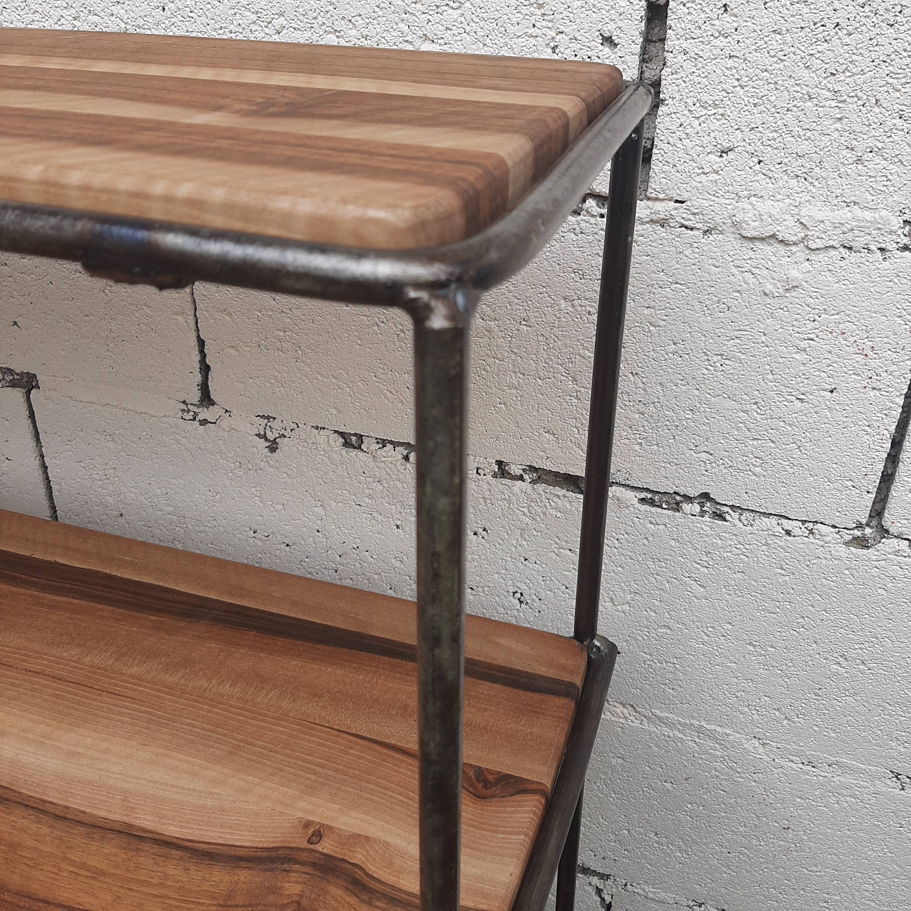 Wrought iron shelf, 3 walnut shelves