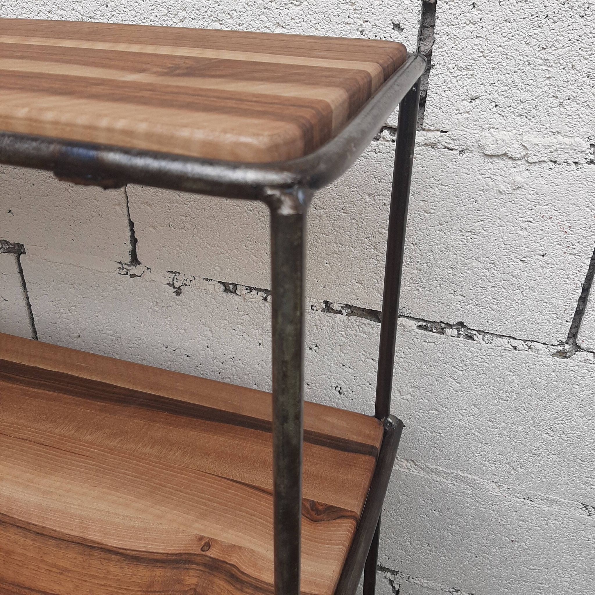 Wrought iron shelf, 3 walnut shelves