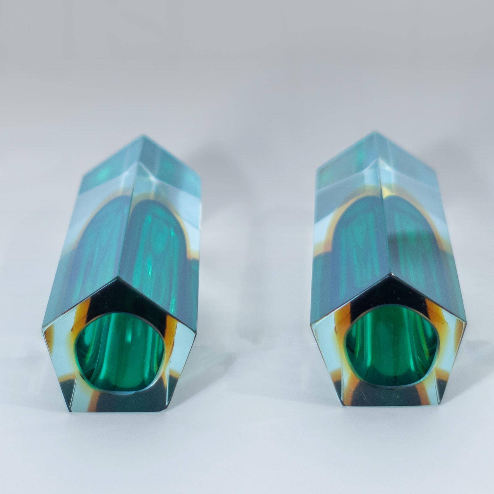 Flavio Poli Murano Sommerso Vases, Green & Yellow Glass, Set of Two