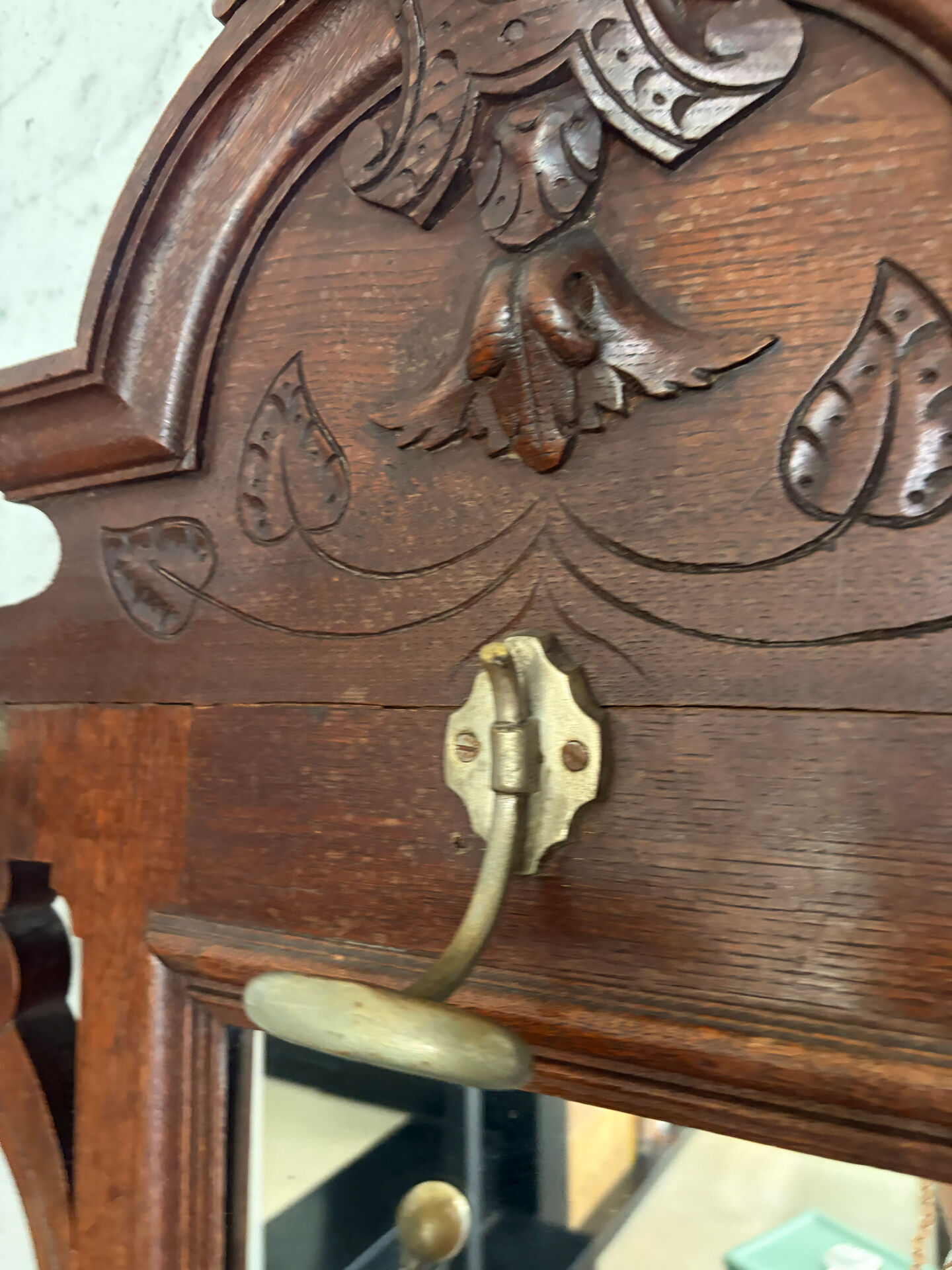 Antique oak carved coat stand, mirror and umbrella stand — late 19th century