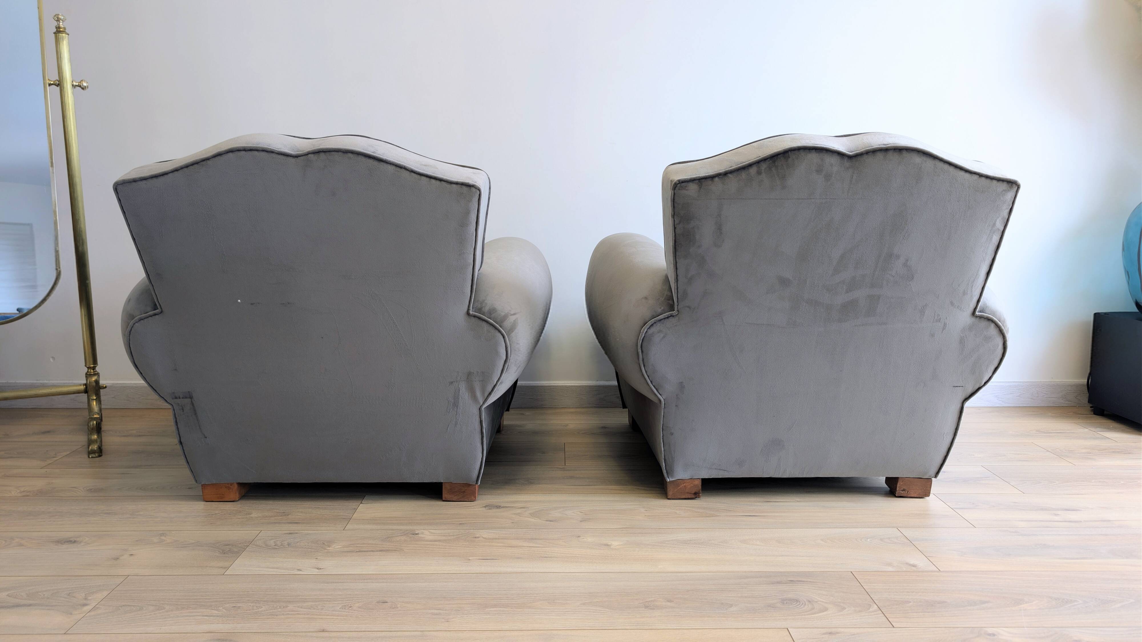 Pair of moustache club armchairs in elephant grey velvet.