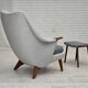 Fauteuil danois à dossier haut avec tabouret, années 1970, laine, bois de teck.
