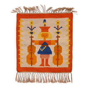 Polish Hand Knotted Square Wall Tapestry ''Musician'' 1960s Poland