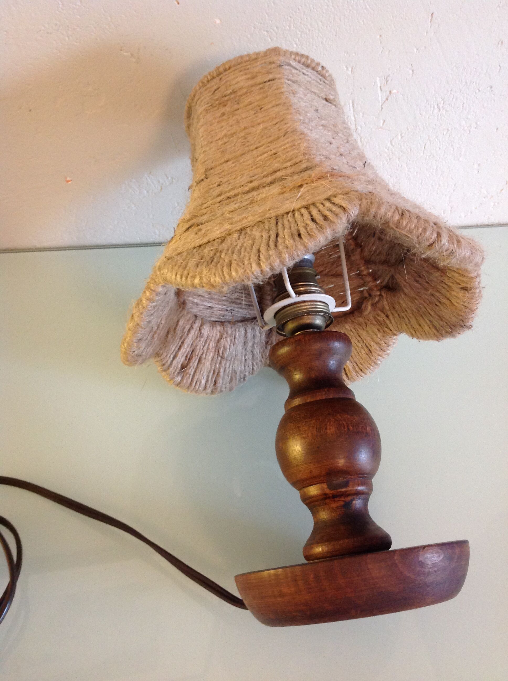 Wooden bedside lamp and Lampshade in rope/vintage 60-70 years