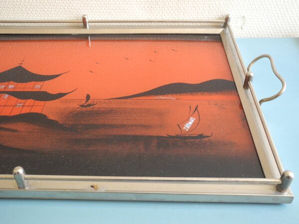 Plateau art déco style asiatique pagode antique tray décor japonisant
