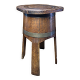 Ancien tabouret forme tonneau bois brut + cerclages métal vintage
