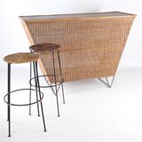 Wicker and iron bar with 2 stools