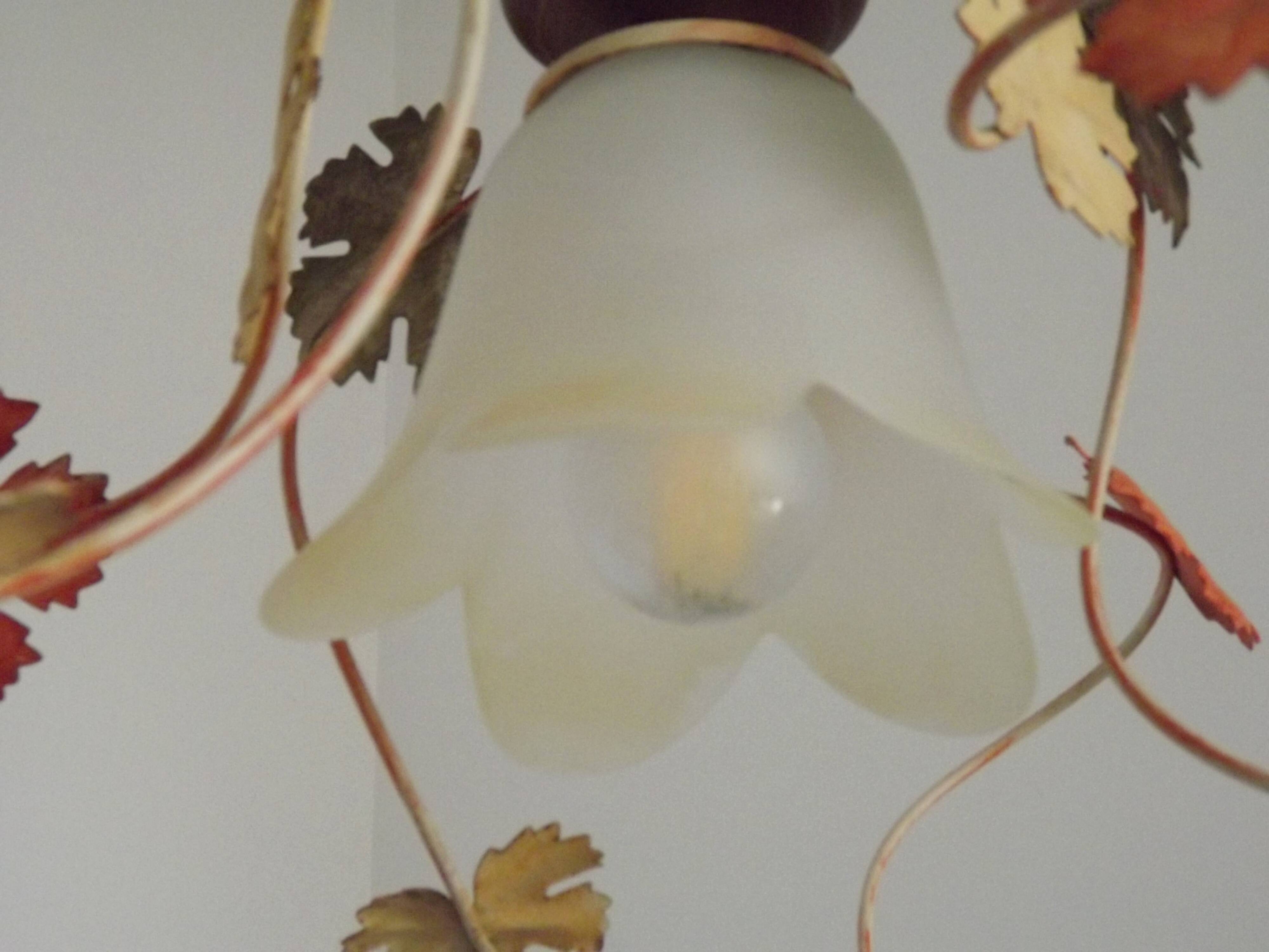 French Vintage Leaf Metal and Wood Hanging Light Textured Glass Shade