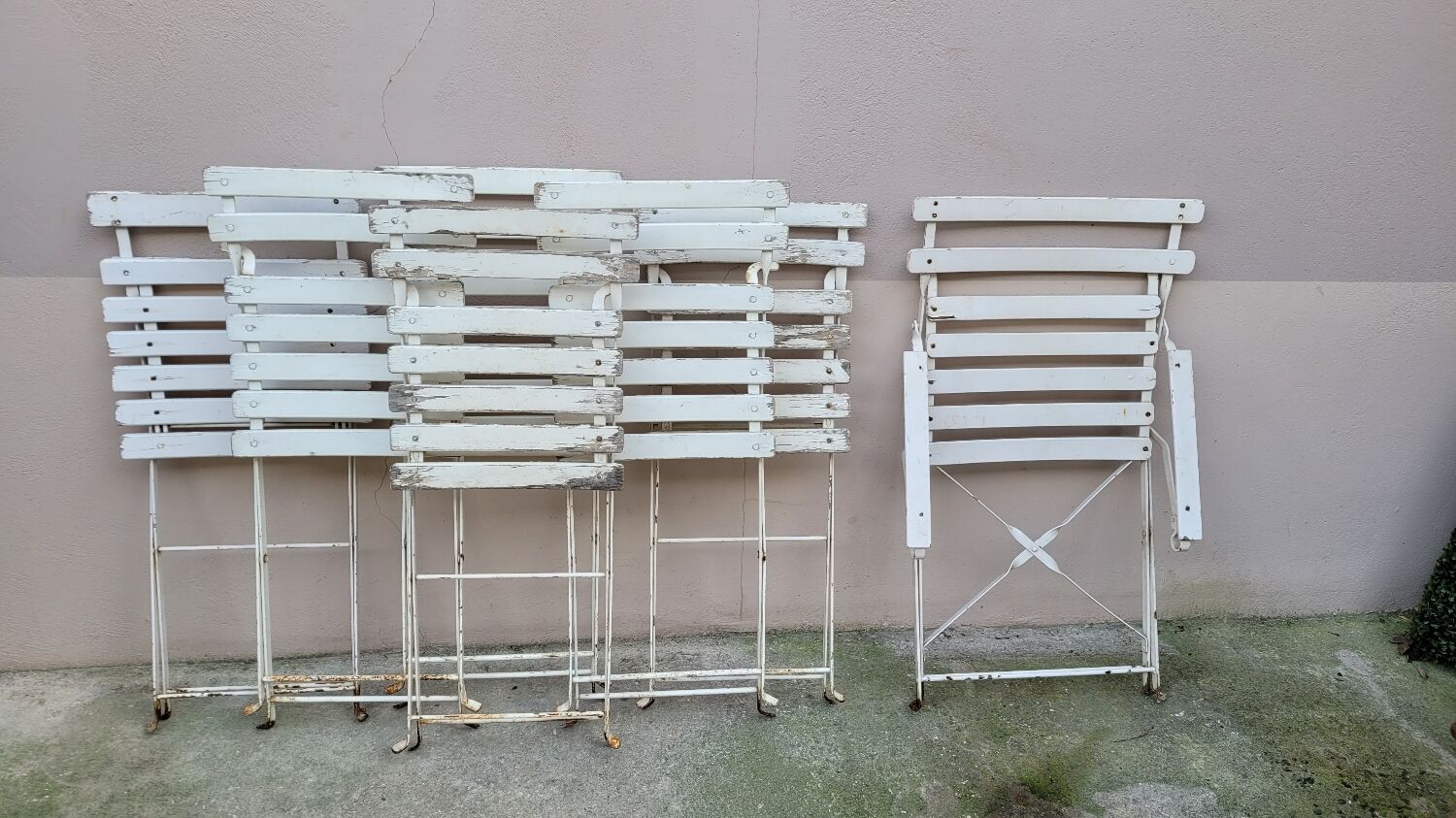 Series of 6 chairs and 1 folding armchair of iron garden bistro