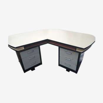 Bureau plateau formica jaune type "boomerang", 2 caissons métal noir et crème +  1 fauteui skaï noir