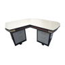 Yellow formica tray desk type "boomerang", 2 boxes black metal and cream - 1 black skai fault