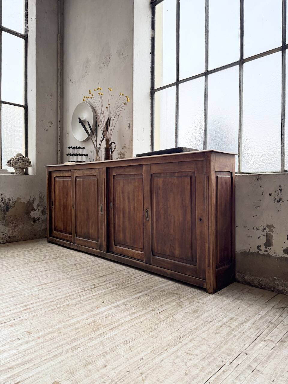 XL oak workshop sideboard with sliding doors from 1900