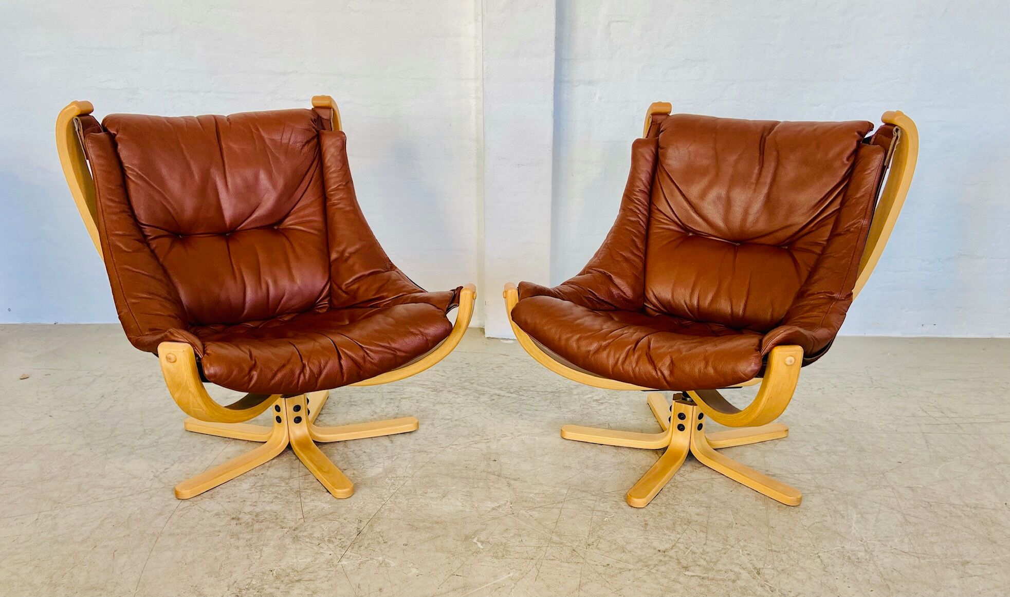 Svend Skippers vintage retro cognac leather swivel chair set 1970s