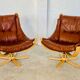 Svend Skippers vintage retro cognac leather swivel chair set 1970s