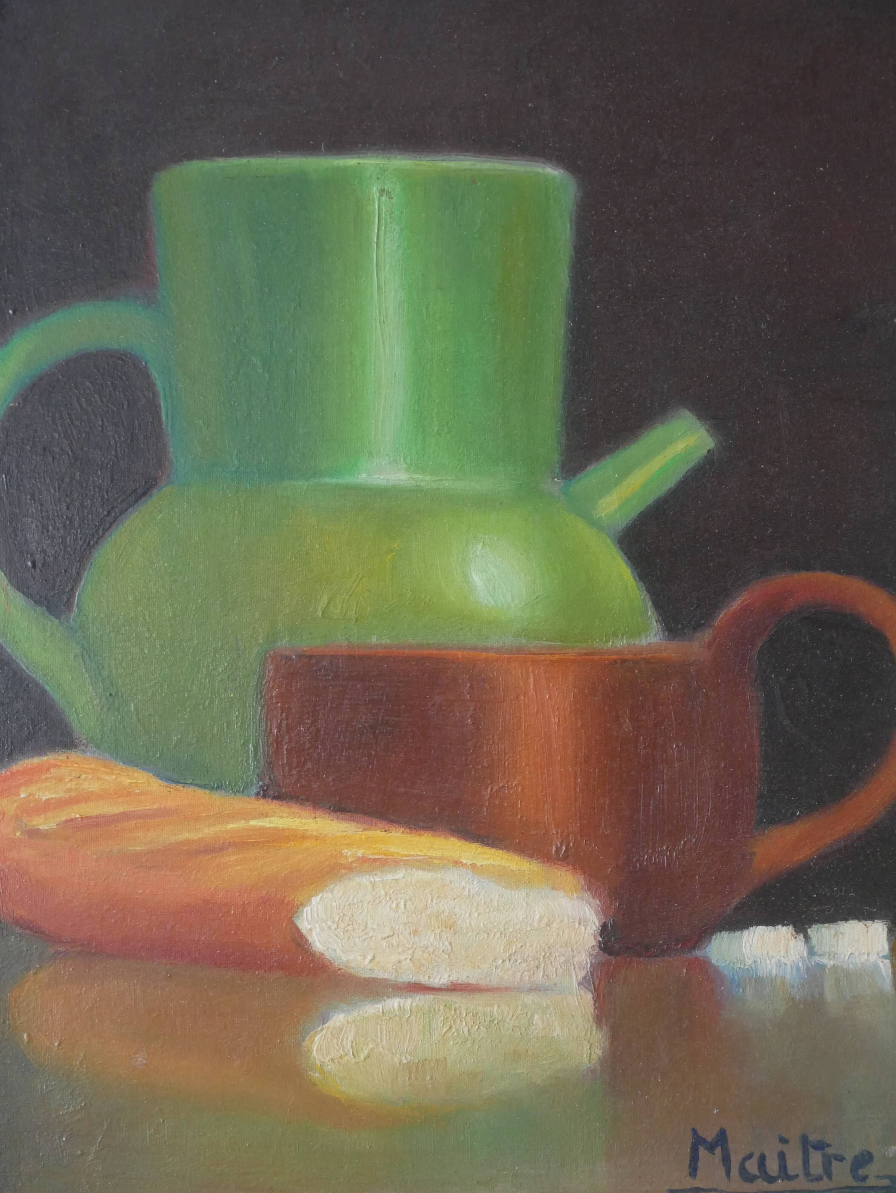 Painting still life old frame countryside decoration signed oil wooden panel lunch