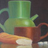 Painting still life old frame countryside decoration signed oil wooden panel lunch