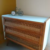 Vintage 70s wood and rattan commode
