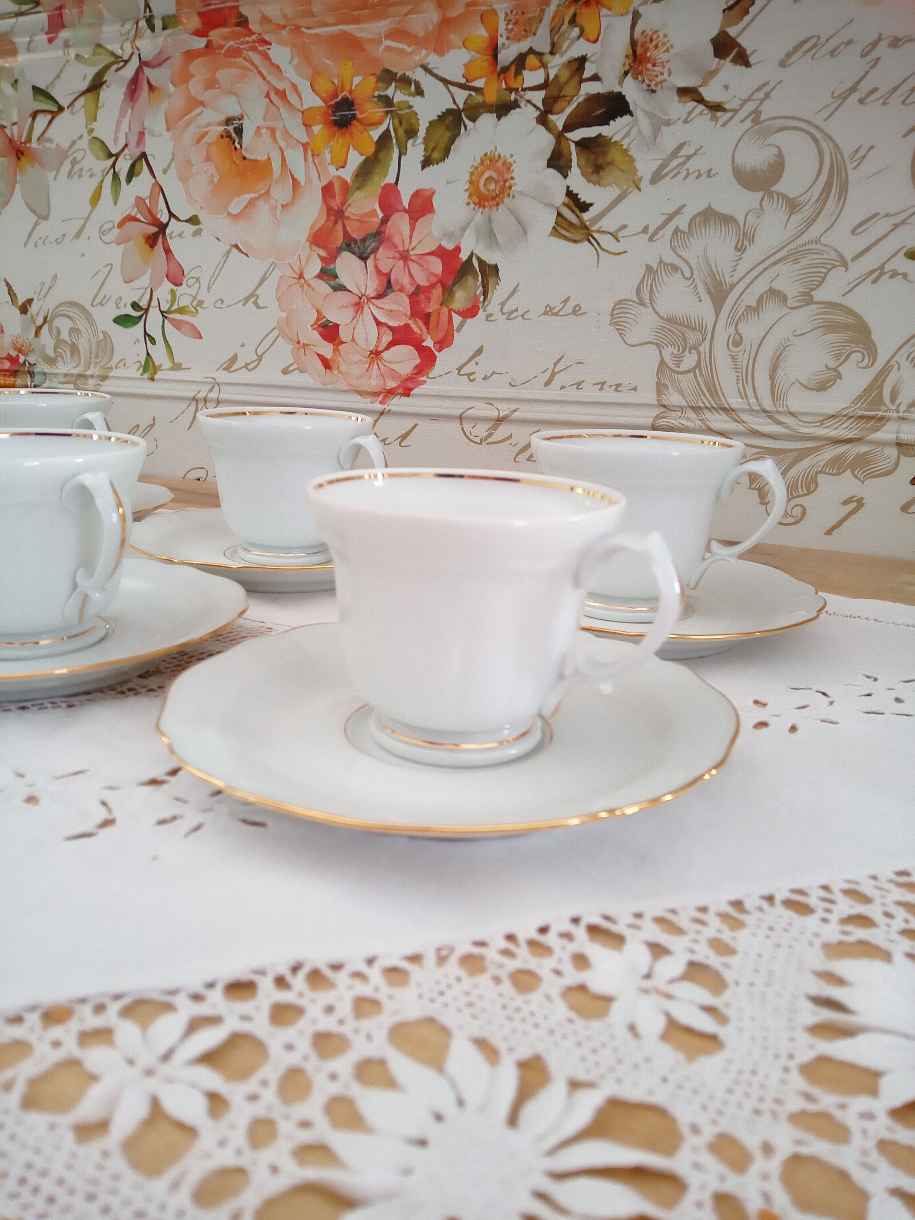 Service à Café 6 Tasses + Soucoupes - Céramique Décor Floral Art Déco - Neuf