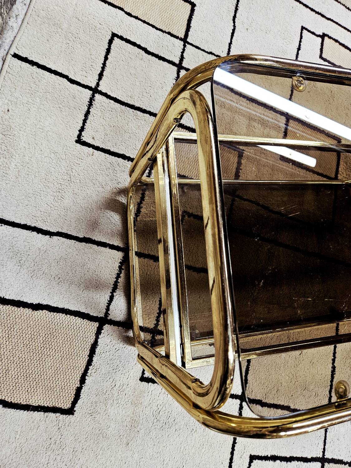 Brass coffee table with sliding top and smoked glass, 1970s vintage