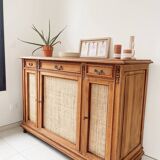 Buffet 3 portes vintage classique bois et raphia