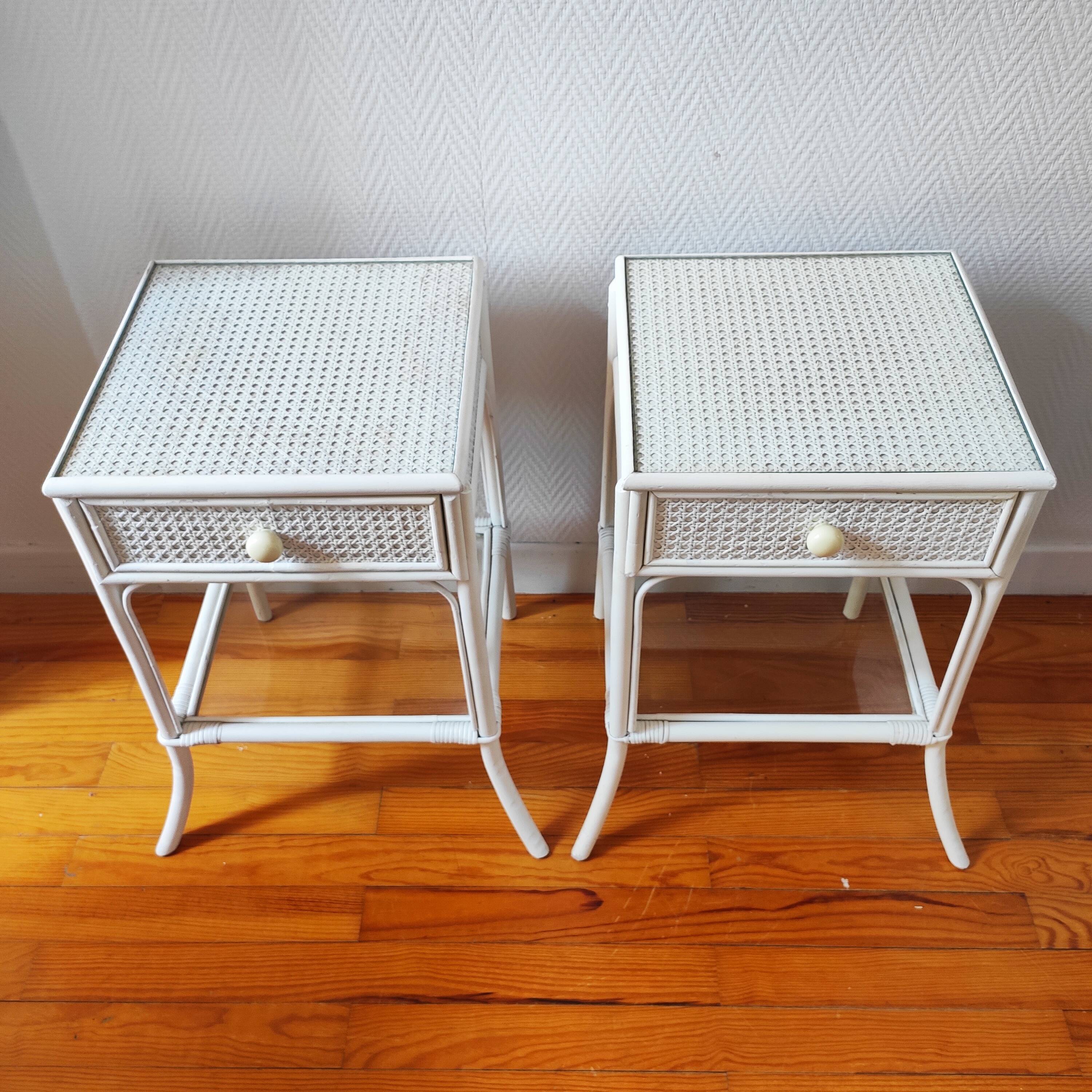 Pair of vintage 1970s rattan bedside tables