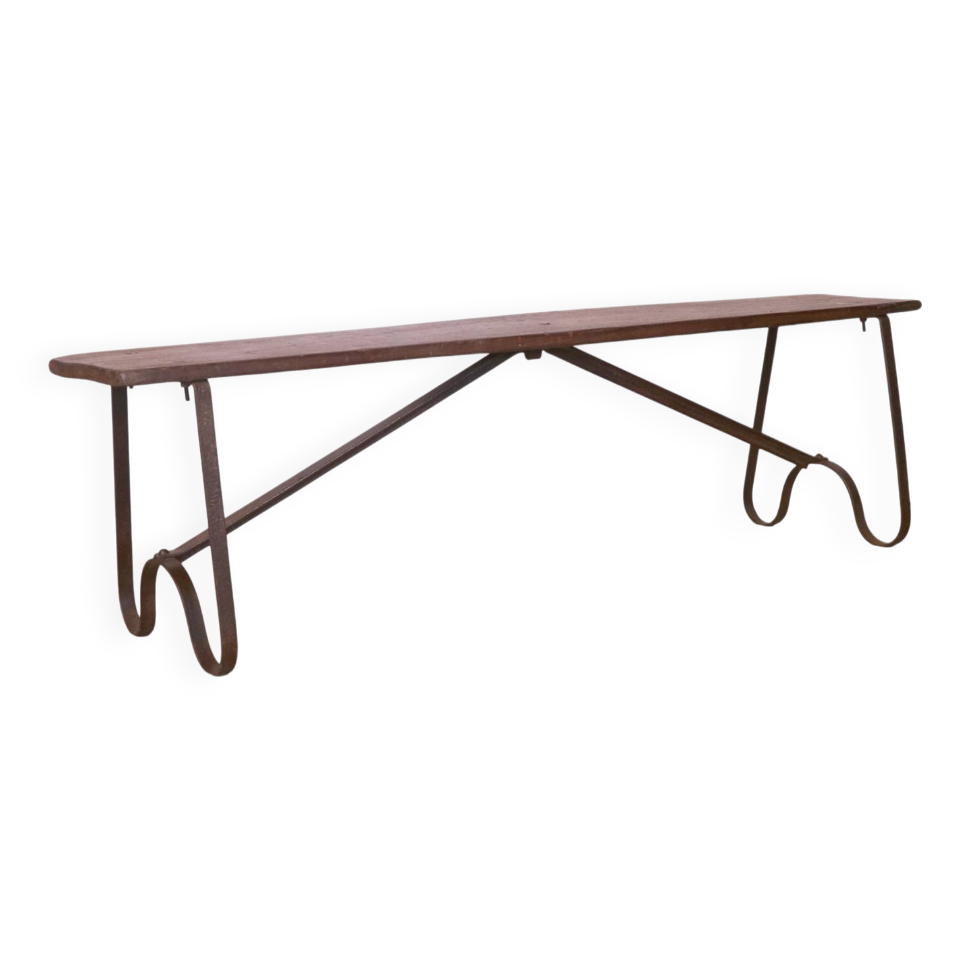 Old bench in Burmese teak with a wrought iron base.