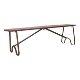 Old bench in Burmese teak with a wrought iron base.