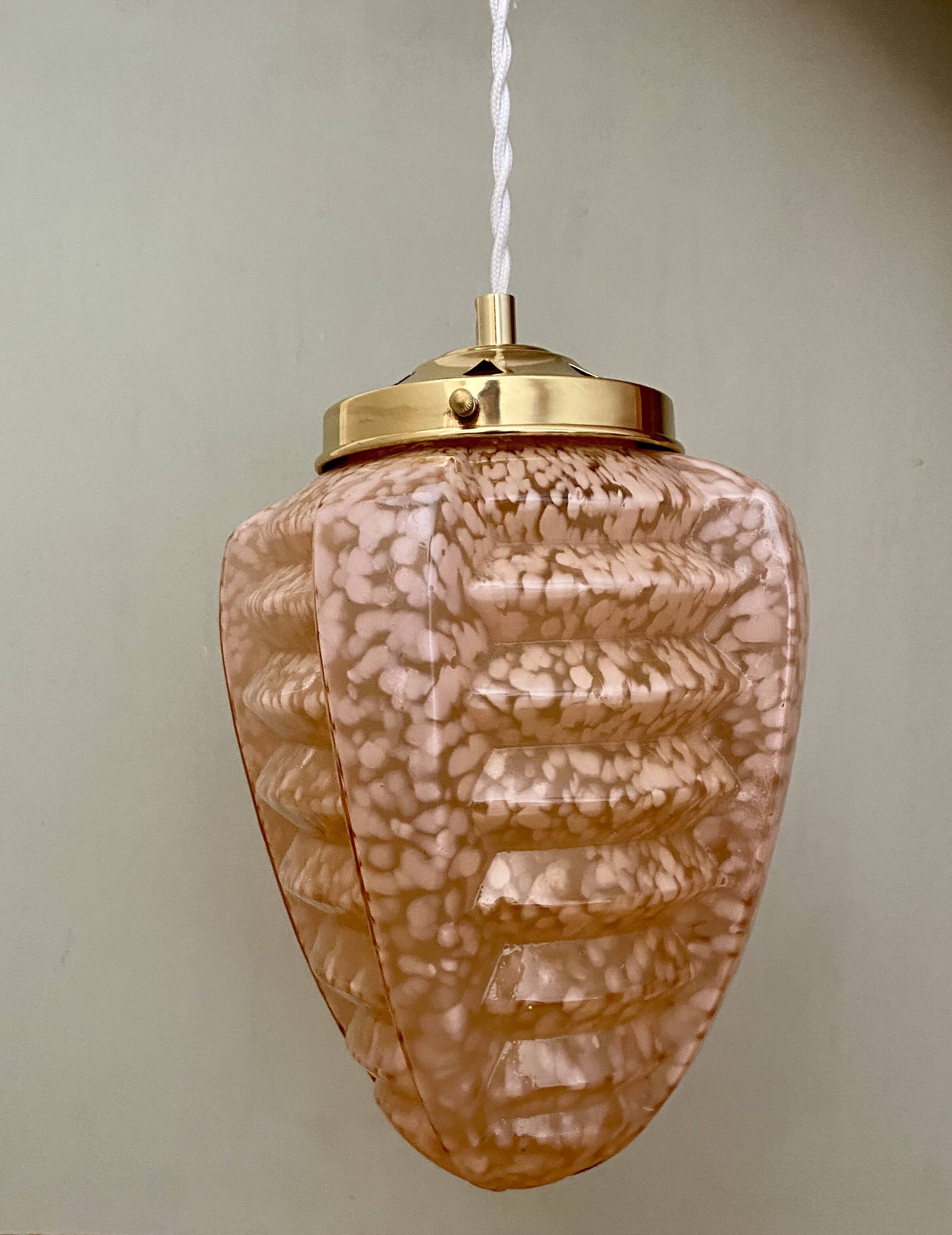 Vintage art deco globe pendant light in pink clichy glass