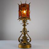 Large Longobard Gilded Metal and Red Hammered Glass Table Lamp