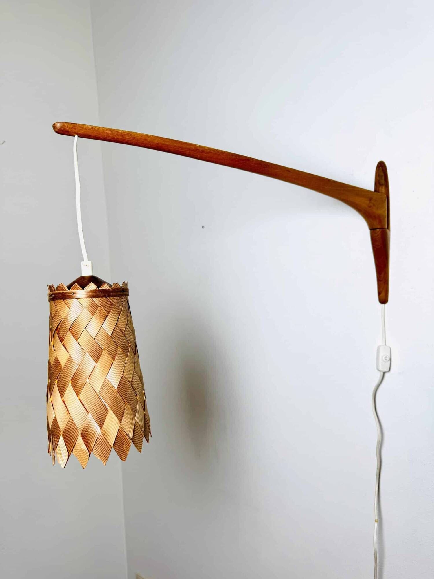 Swivel Arm Teak Wall Lamp With Pine Veneer Shade By Unknown Designer, Sweden 1960S