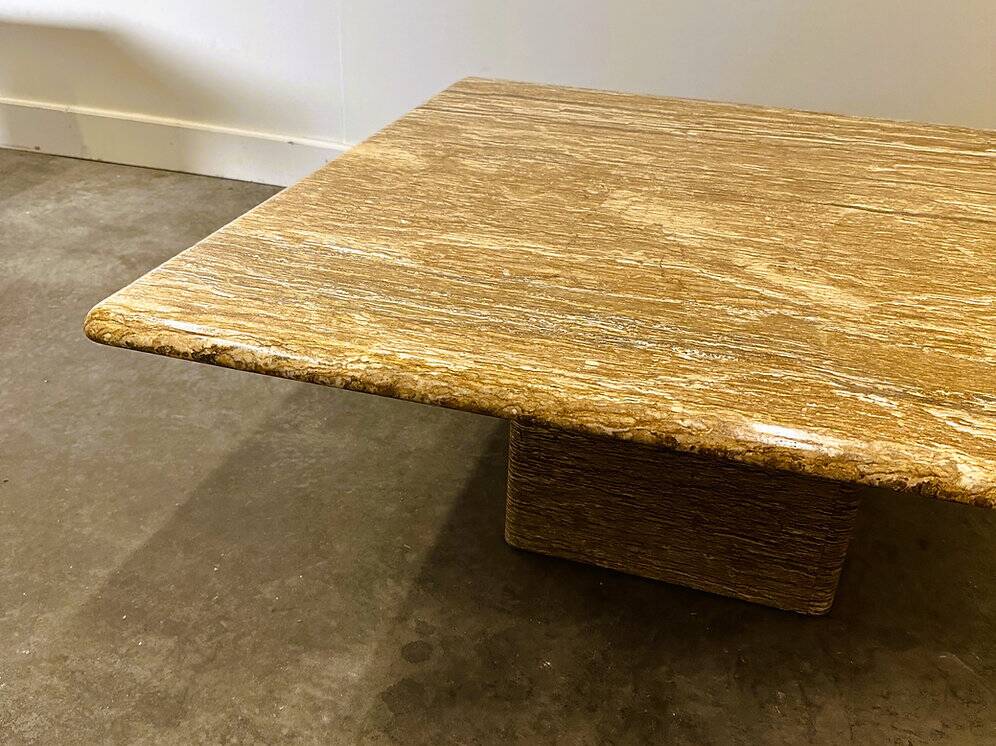 XL vintage square caramel travertine coffee table, 1980s