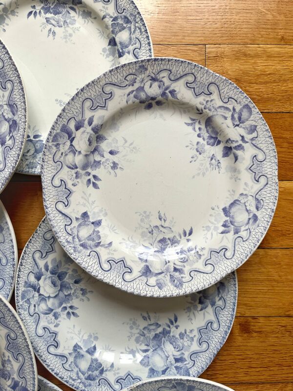 8 assiettes plates en terre de fer Bouquets, Creil et Montereau fin 19eme