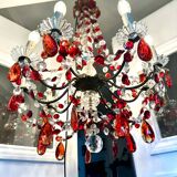 Antique chandelier with red crystal pendants, 9 lights.