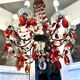 Antique chandelier with red crystal pendants, 9 lights.