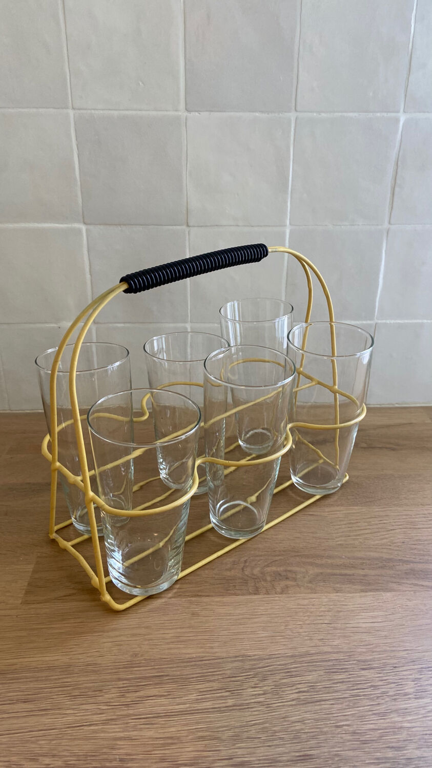 Scoubidou glass holder and its 6 glasses 1960