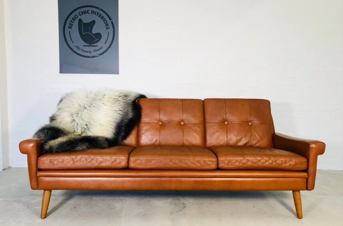 Canapé Svend Skipper vintage danois des années 60 en cuir cognac pour 3 personnes.