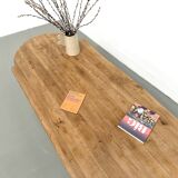 XXL oval coffee table in solid oak, cylindrical base, 1950s.