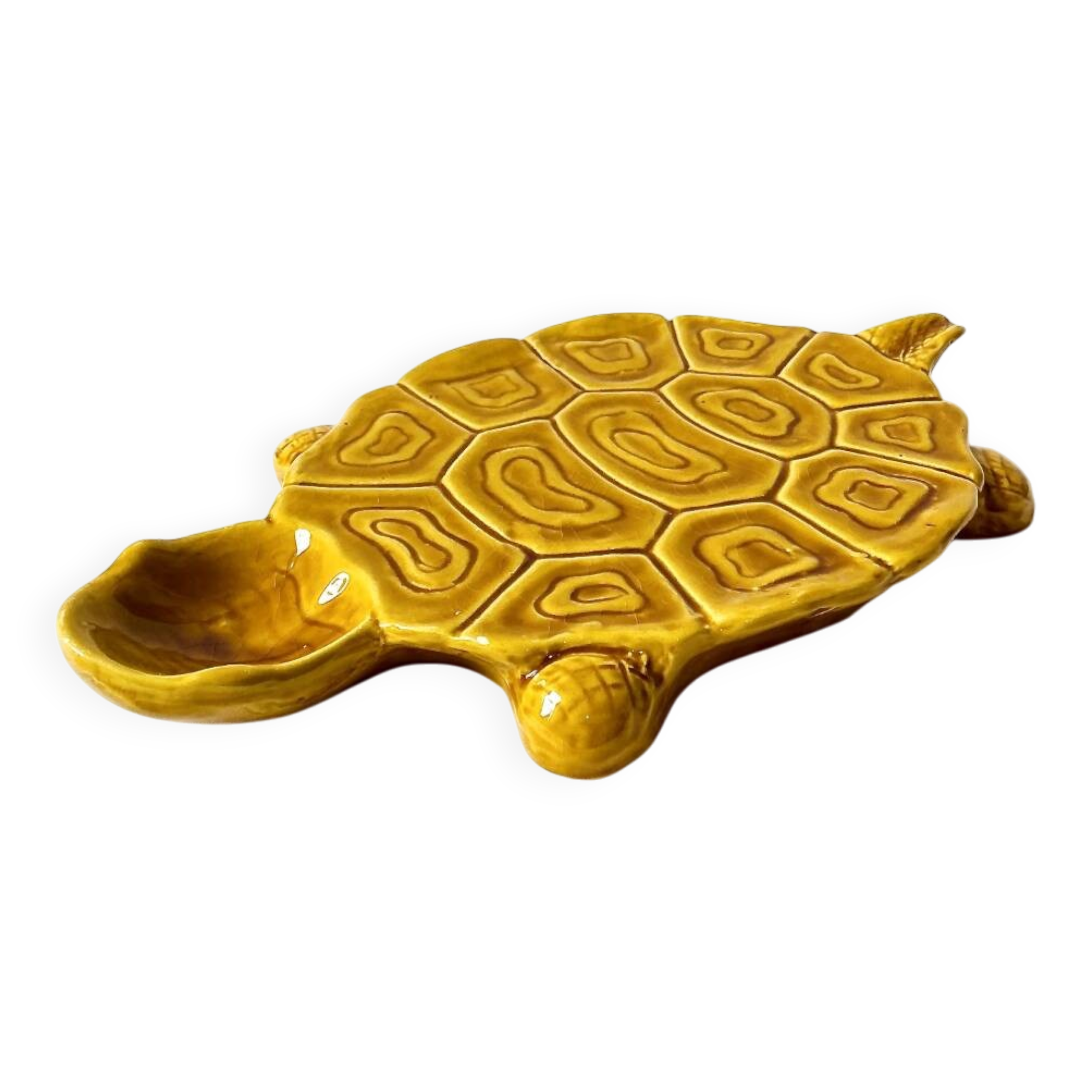Large mustard yellow ceramic turtle dish, vintage 1950s-1970s.