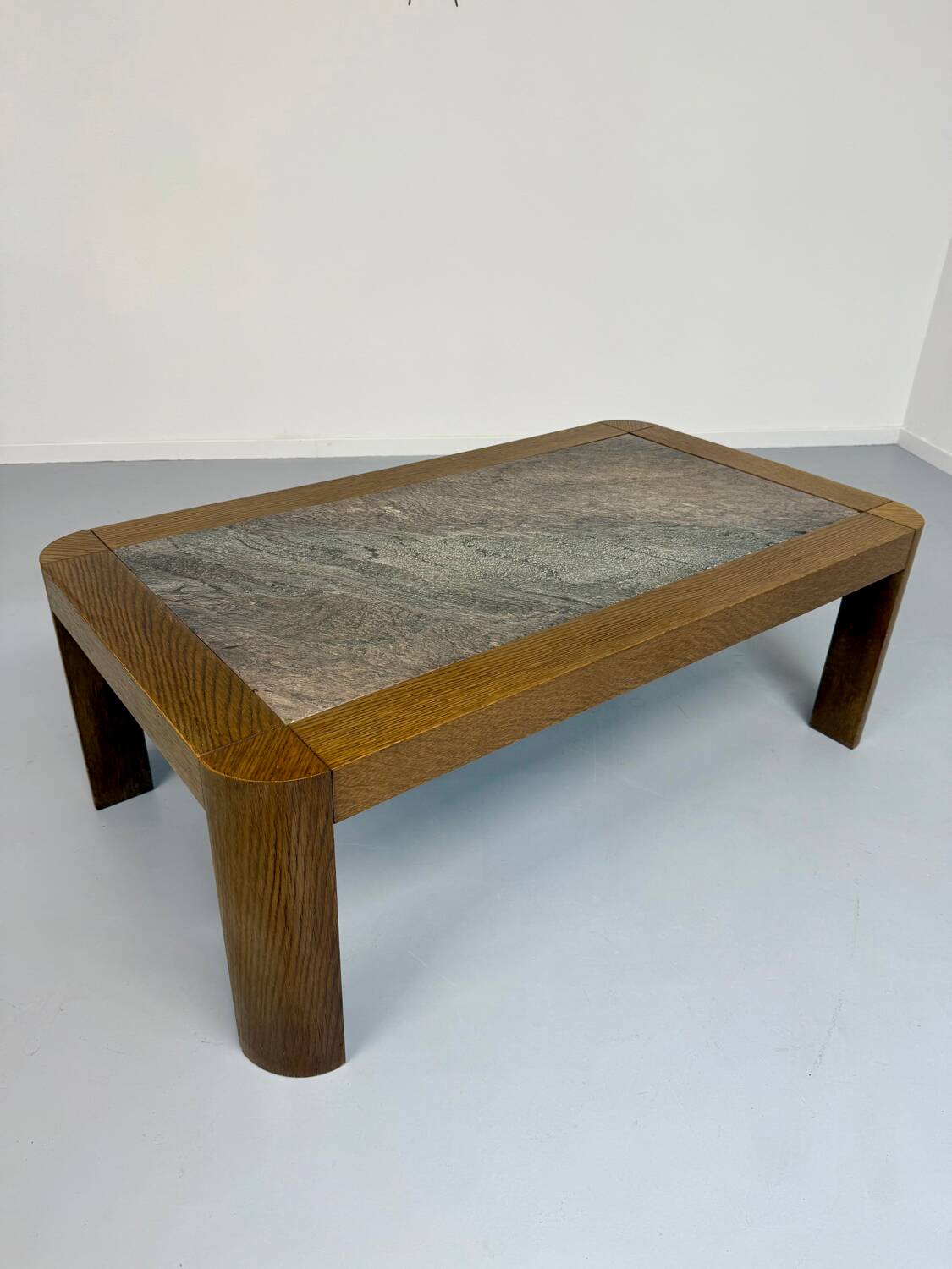 Old coffee table in wood and granite stone, vintage design from the 70s