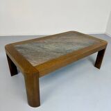 Old coffee table in wood and granite stone, vintage design from the 70s