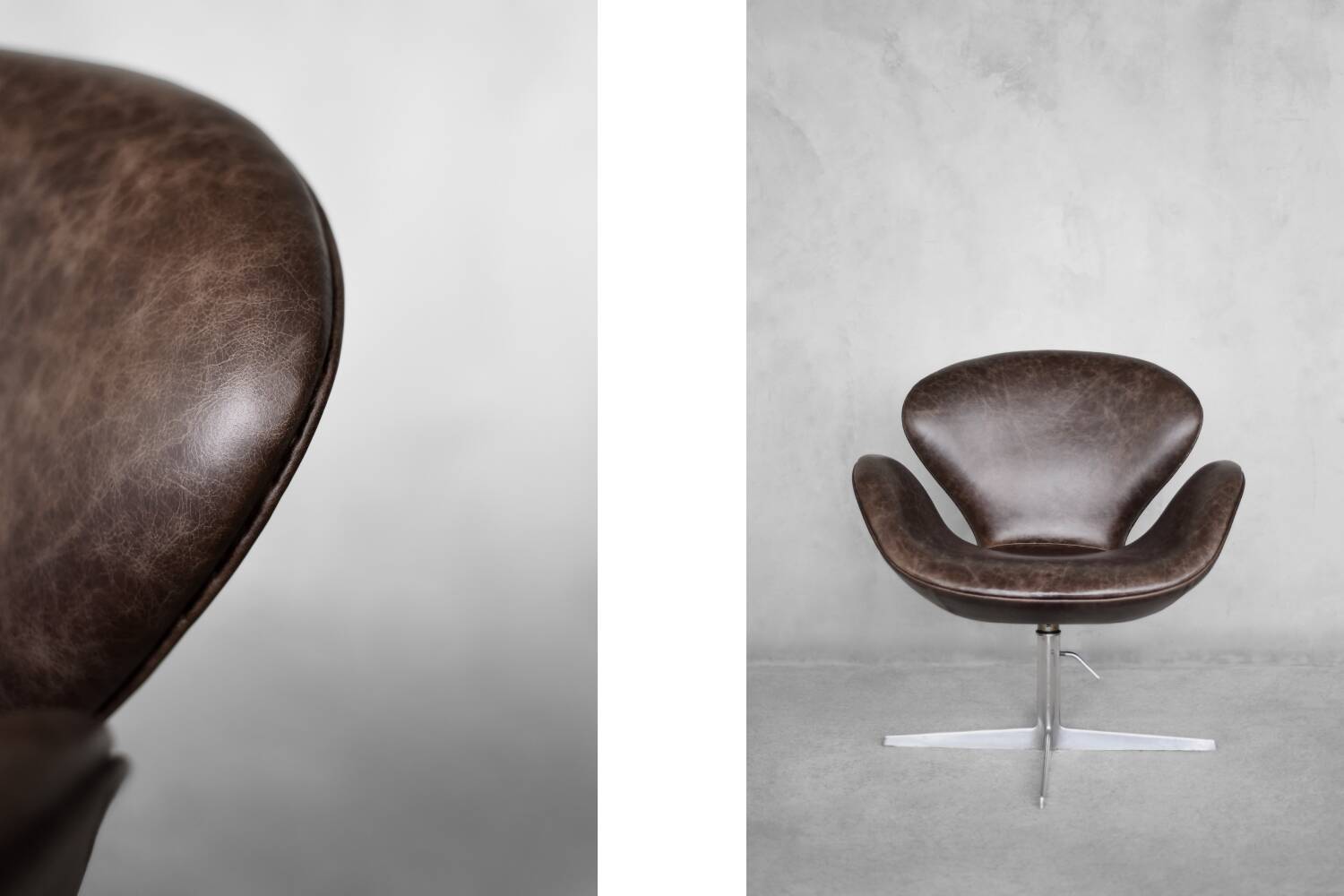 Brown leather Swan chair by Arne Jacobsen, mid-century Danish modernity.