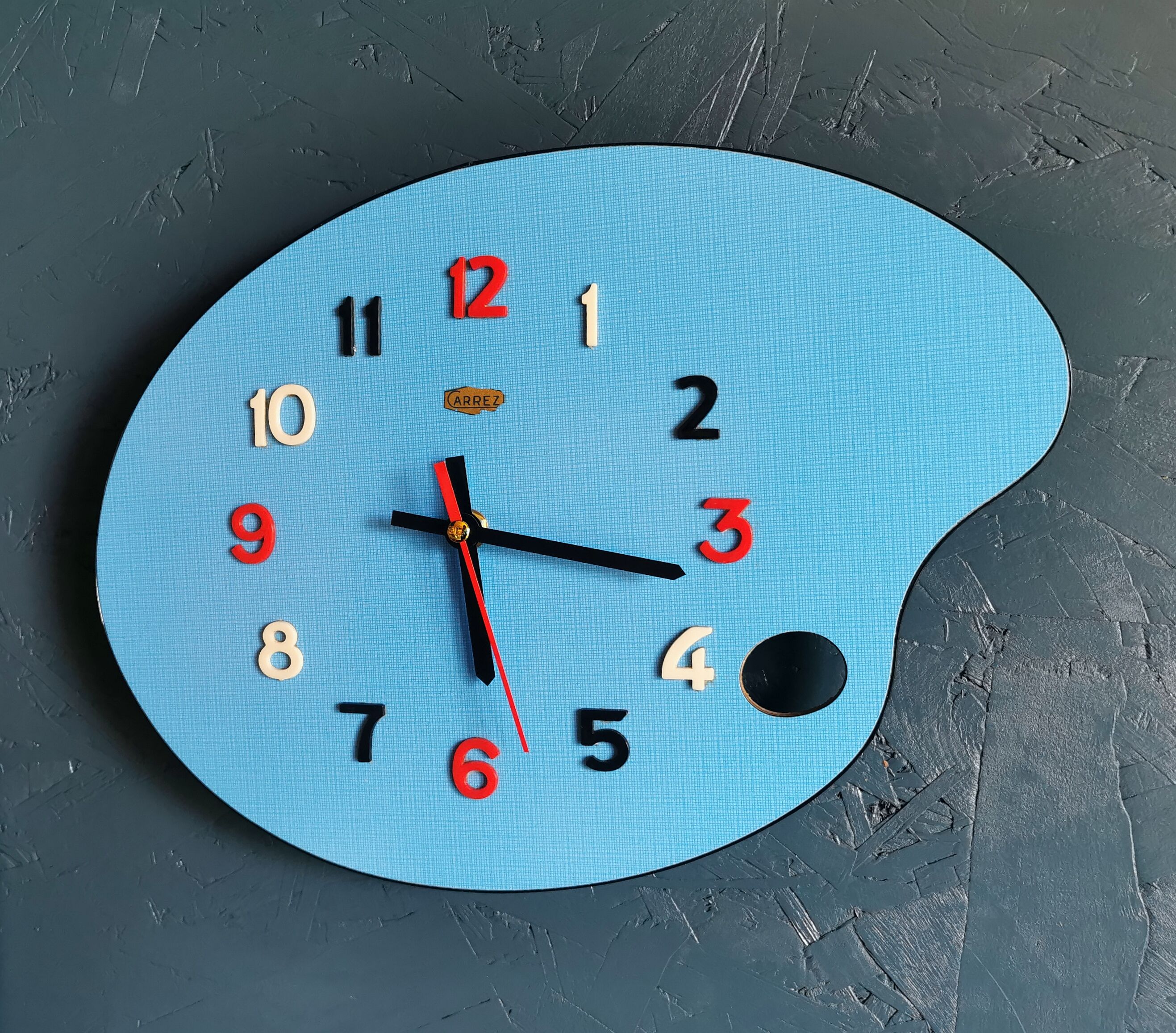 Vintage formica clock silent wall clock painter palette "Carrez bleu"