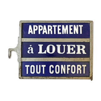 Plaque émaillée double face vintage 50's "appartement a louer - tout confort"