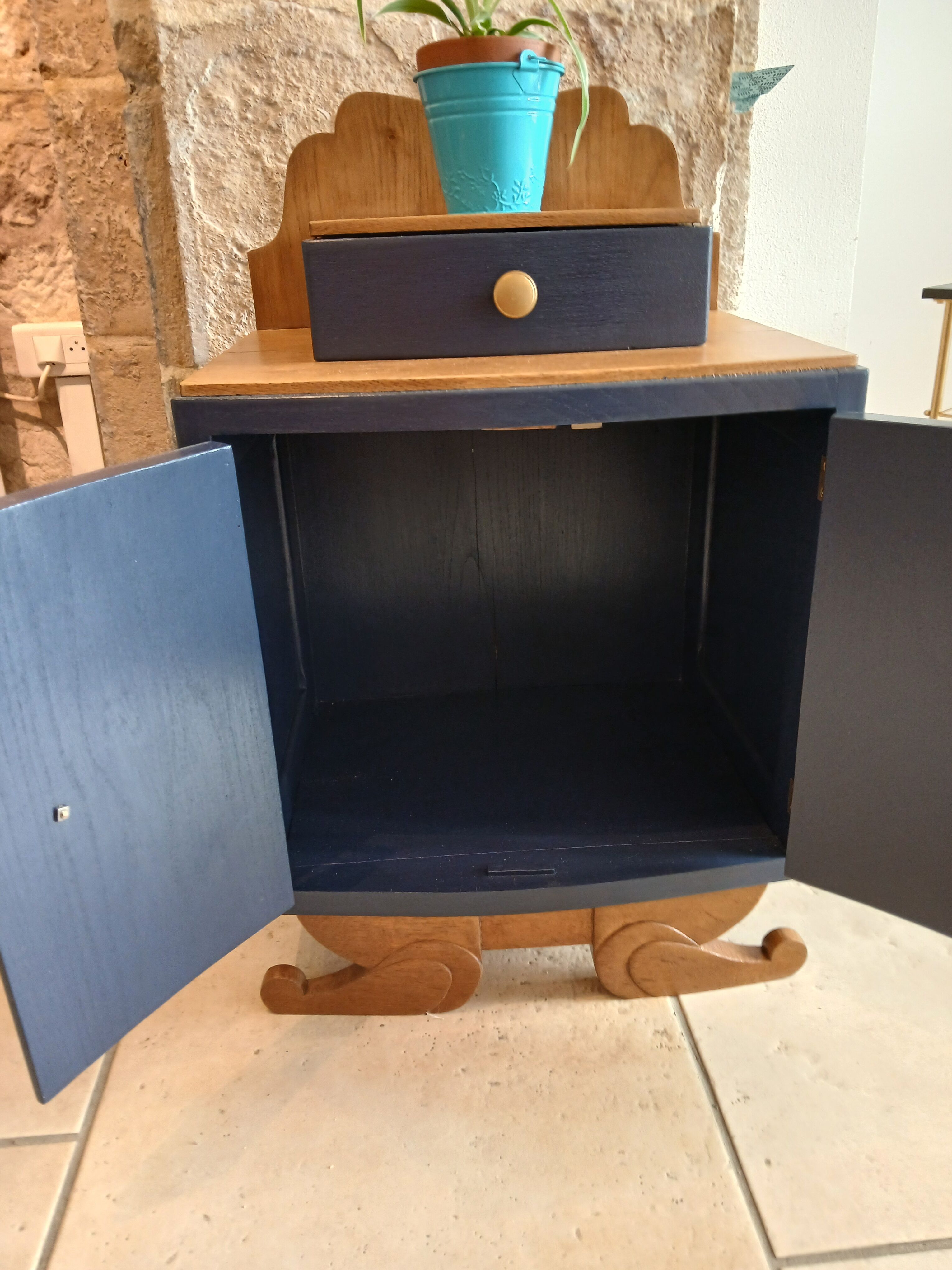 deep blue and wood refurbished bedside table
