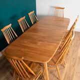 Retro Blonde Elm Model 444 Grand Plank Dining Table & 8 Goldsmith Dining Chairs