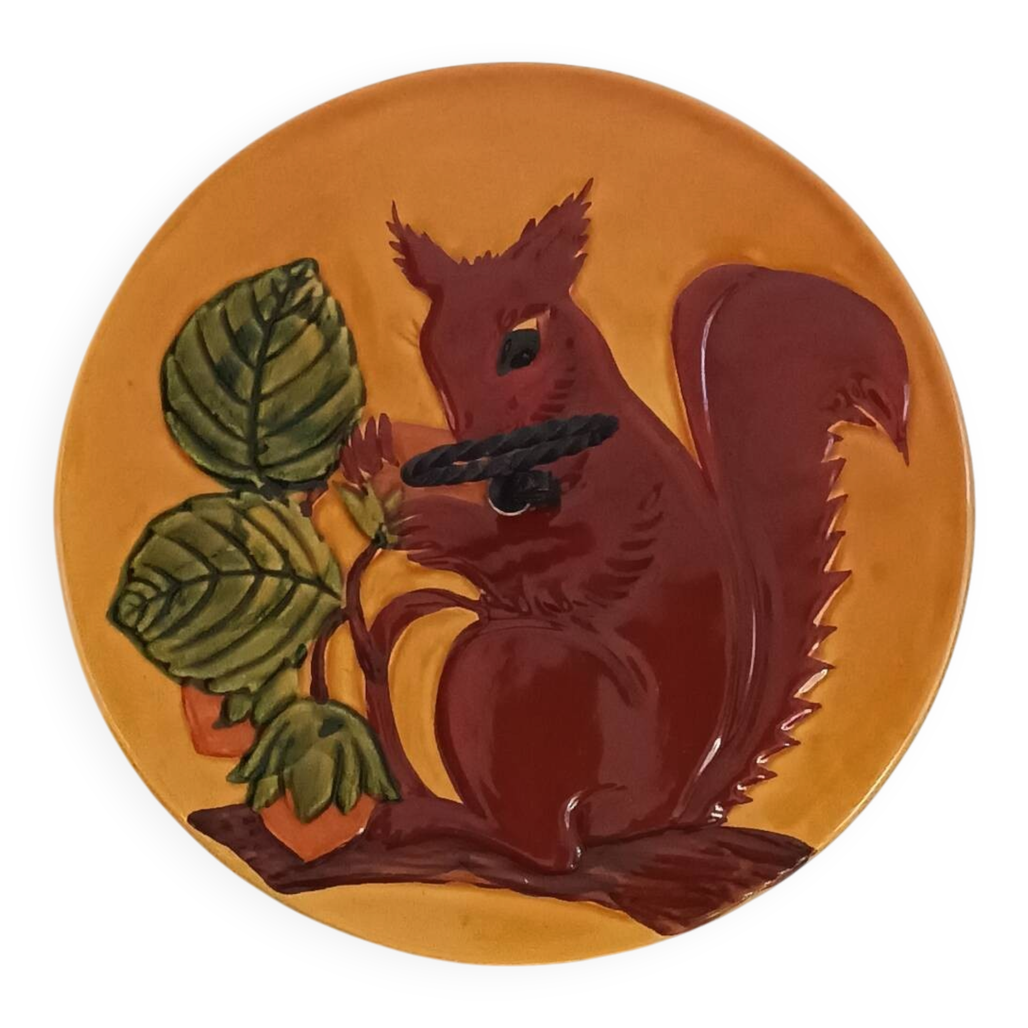 Cheese platter in Vallauris faience, squirrel decoration – 1960s-70s
