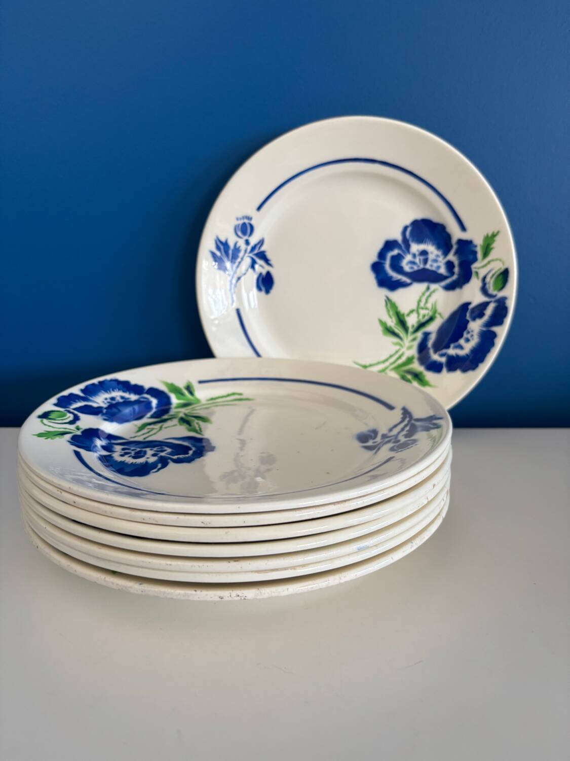 Set of 8 Badonviller France Earthenware Flat Plates, Boran Vintage Model