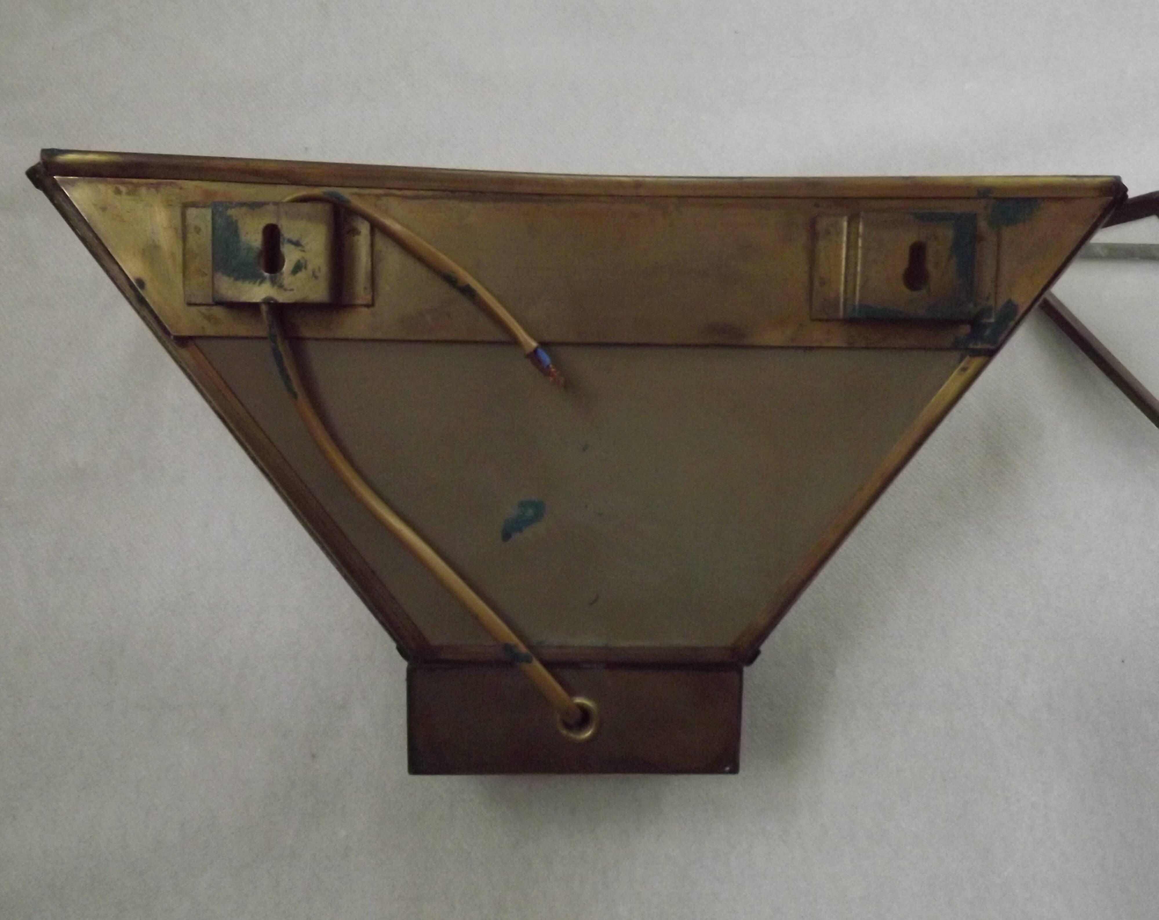Matching Pair French Mid Century Copper & Glass Single Mirrored Wall Lights 5138